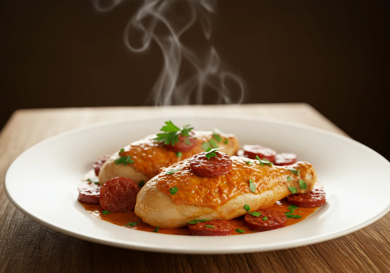 Présentation du plat final de poulet savoureux au chorizo, assiette garnie, recette cookeo attrayante et délicieuse.