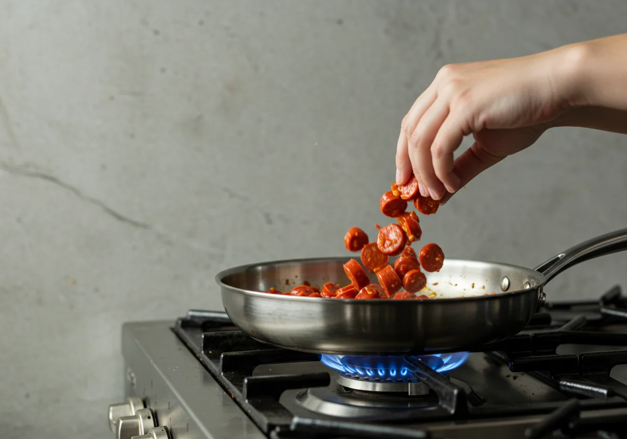Préparation de la recette de poulet chorizo cookeo, chorizo dans une poêle chaude, début de la cuisson.