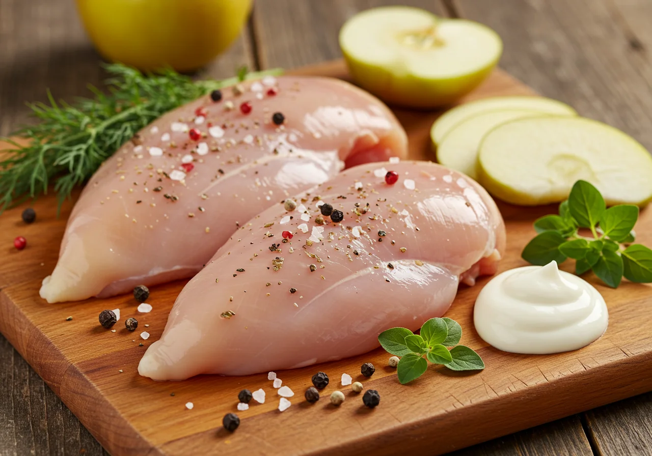 Raw chicken breasts with seasonings ready to be cooked for Poulet Vallée d'Auge.
