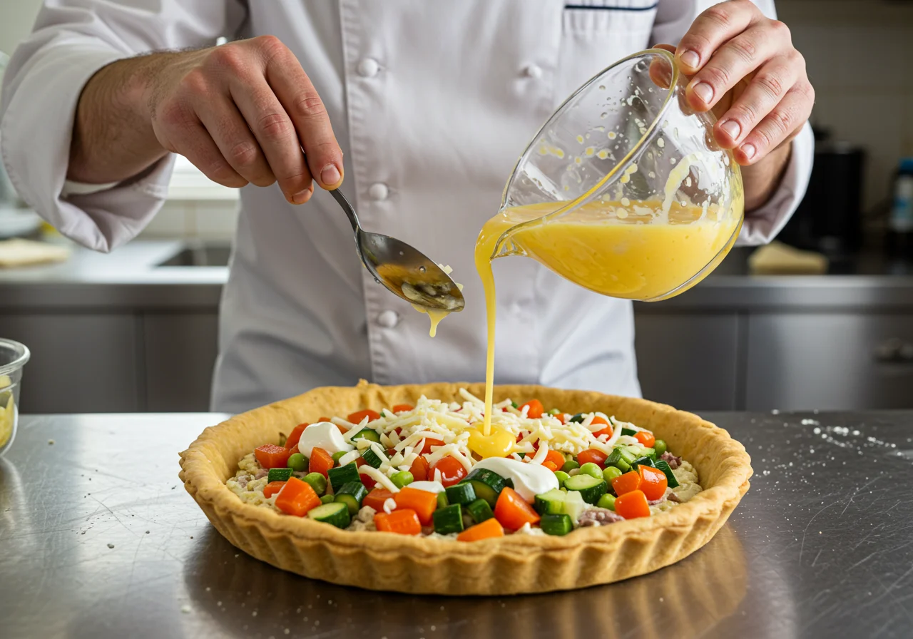 Mélange d'œufs et de crème versé sur les légumes, préparation de la quiche façon ratatouille.