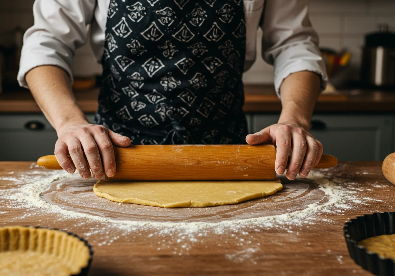 Préparation de la pâte brisée pour la quiche thon poireaux, chef étalant la pâte sur une surface farinée.
