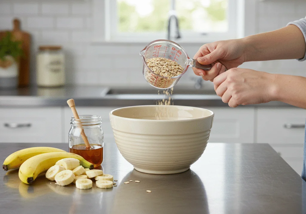Mesure des flocons d'avoine pour la recette flocon d'avoine banane avec des bananes tranchées et du miel à proximité.