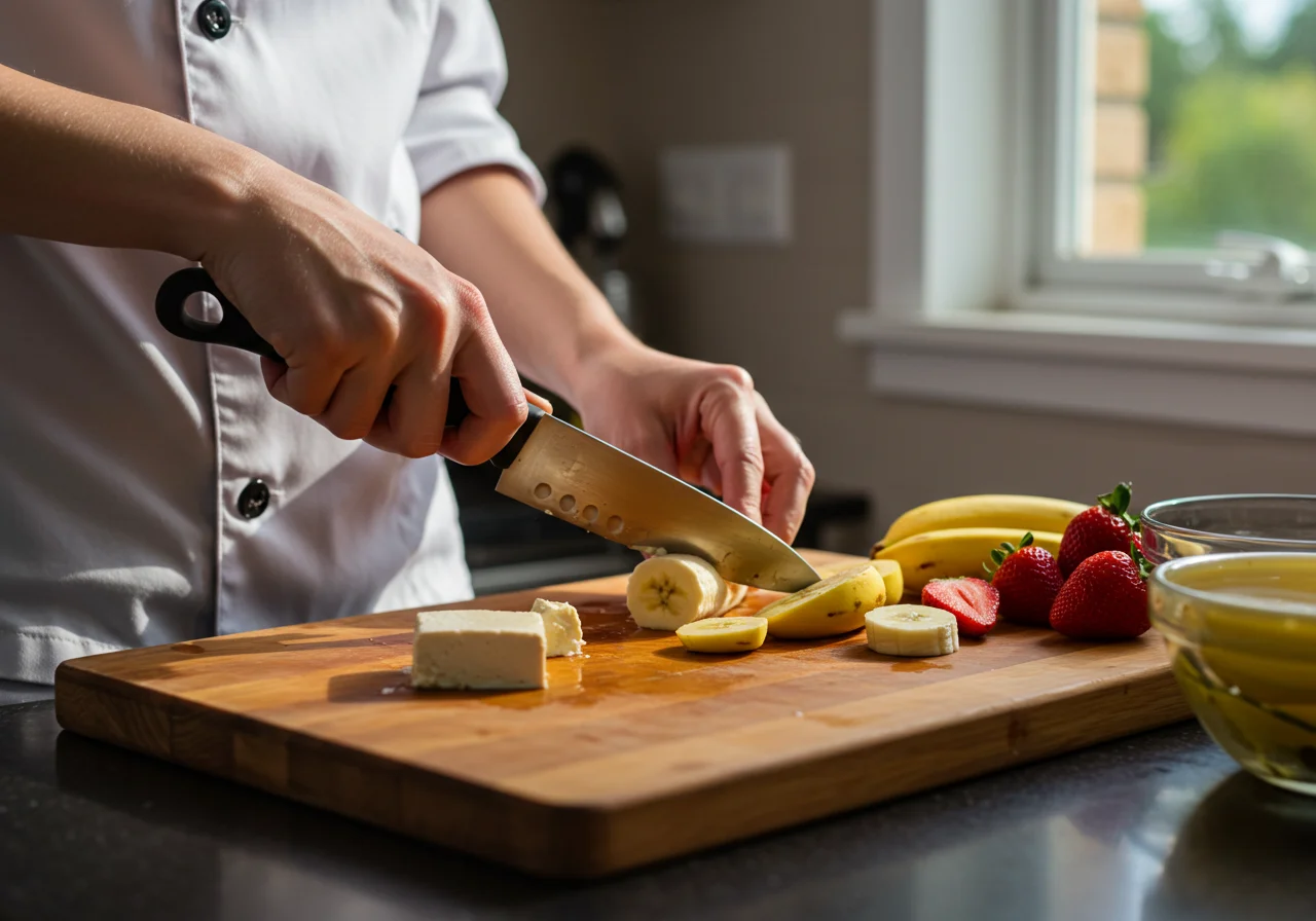 Préparation des fruits frais pour la recette facile au tofu soyeux, incluant des bananes et des fraises sur une planche à découper en bois.