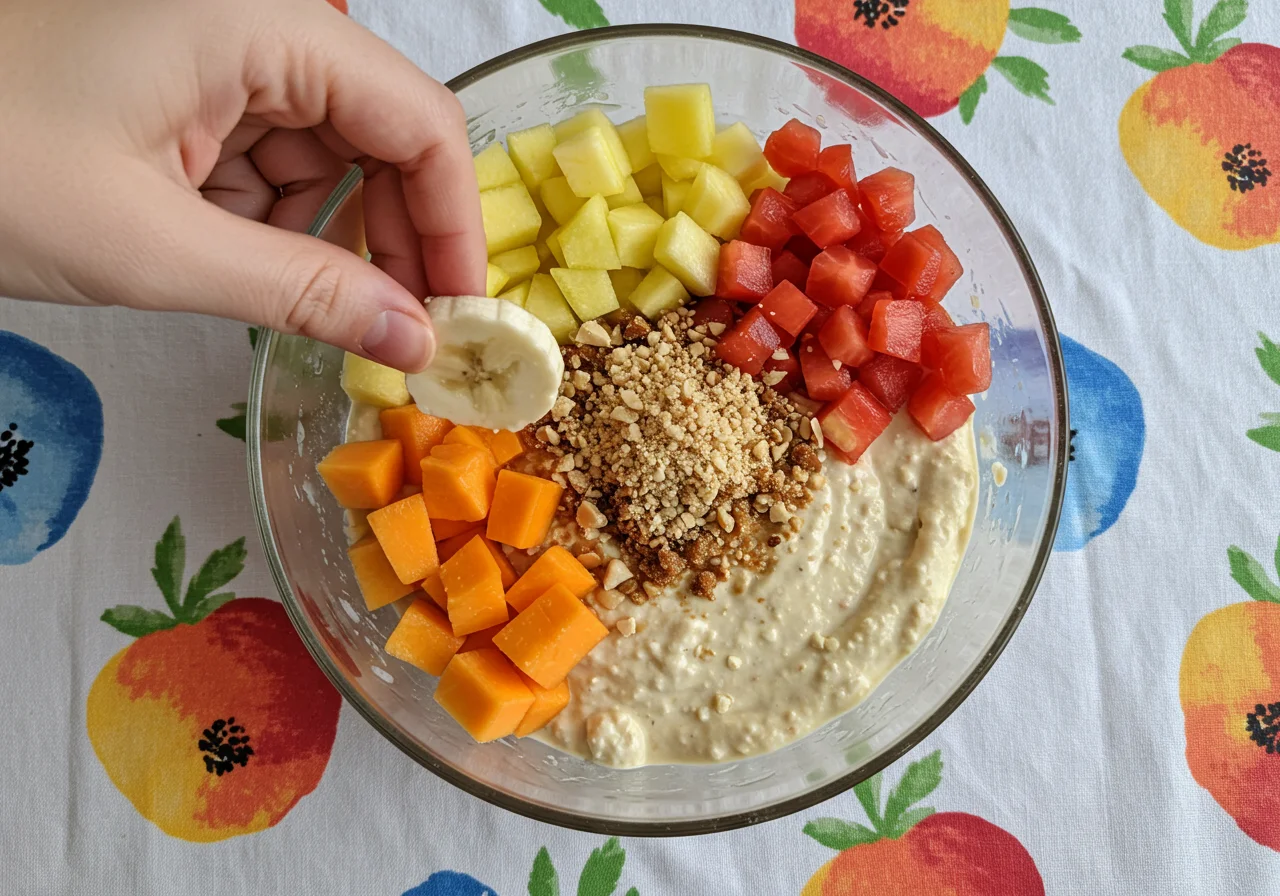 Garniture d'un mélange de tofu soyeux avec des fruits frais et des noix dans un bol coloré pour la recette tofu sucré.