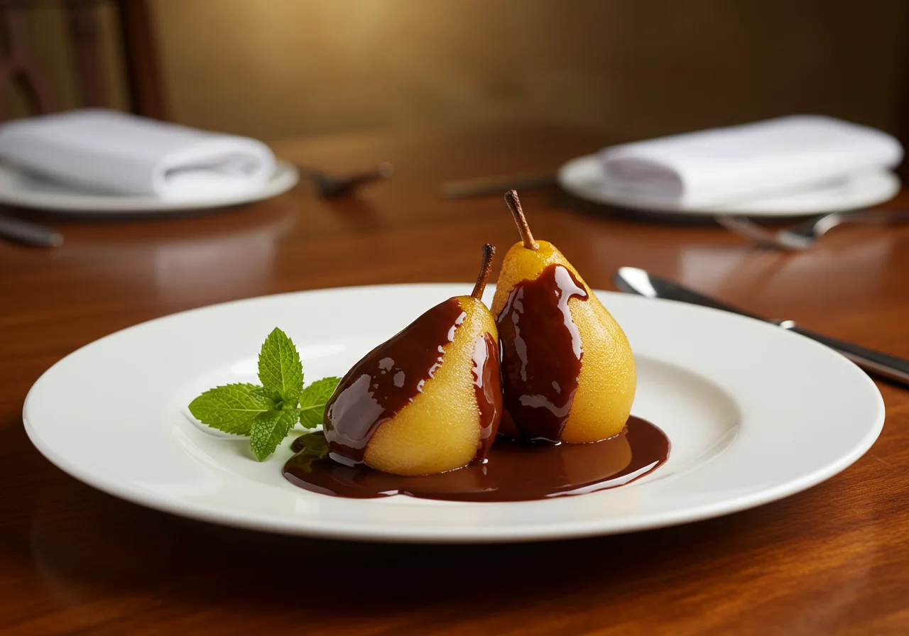 Dessert final de Recette Poire Belle-Hélène au Chocolat présenté sur une table, avec des poires pochées, une sauce au chocolat riche et une feuille de menthe.