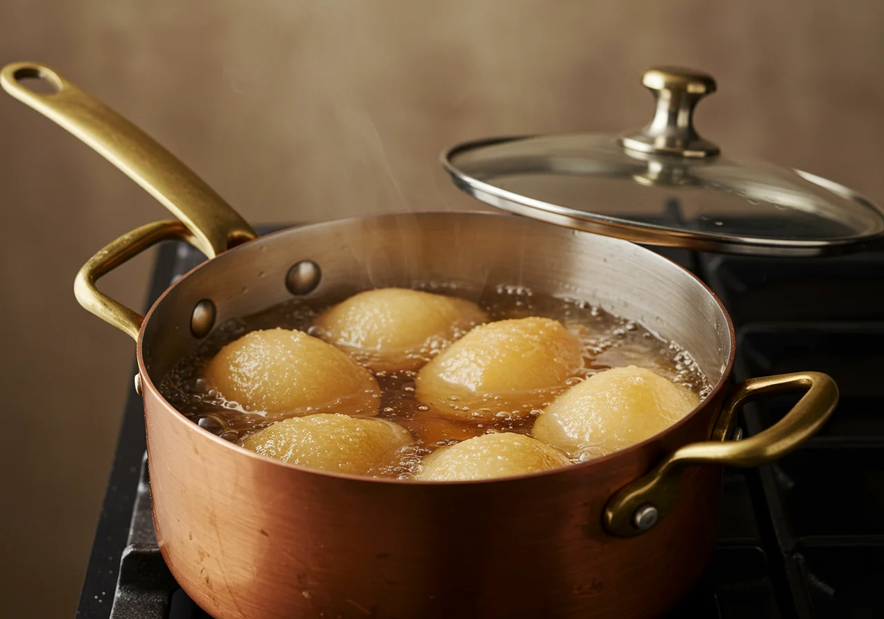 Cuisson des poires dans un mélange d'eau et de sucre pour la Recette Poire Belle-Hélène au Chocolat, avec un pot sur le feu.