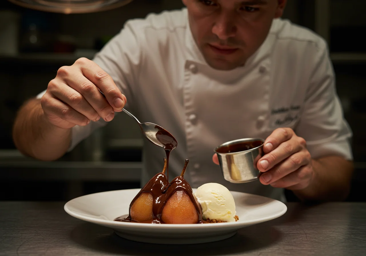 Assemblage de la Recette Poire Belle-Hélène au Chocolat avec des poires pochées, du chocolat fondu et une boule de glace à la vanille sur une assiette blanche.
