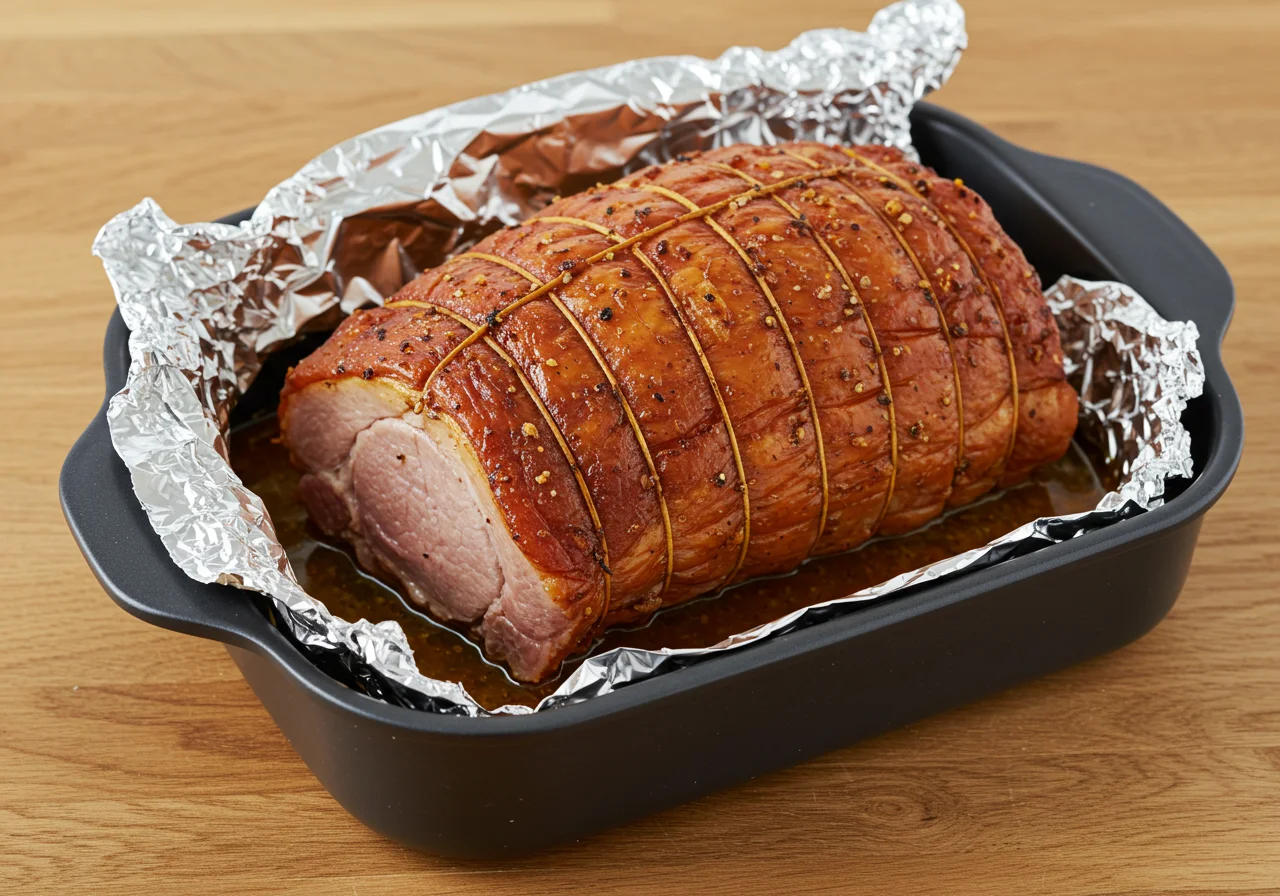 Un rôti de porc enveloppé de papier d'aluminium dans un plat de cuisson, prêt à être rôti au four, imitant la recette irrésistible du roti de porc au miel.