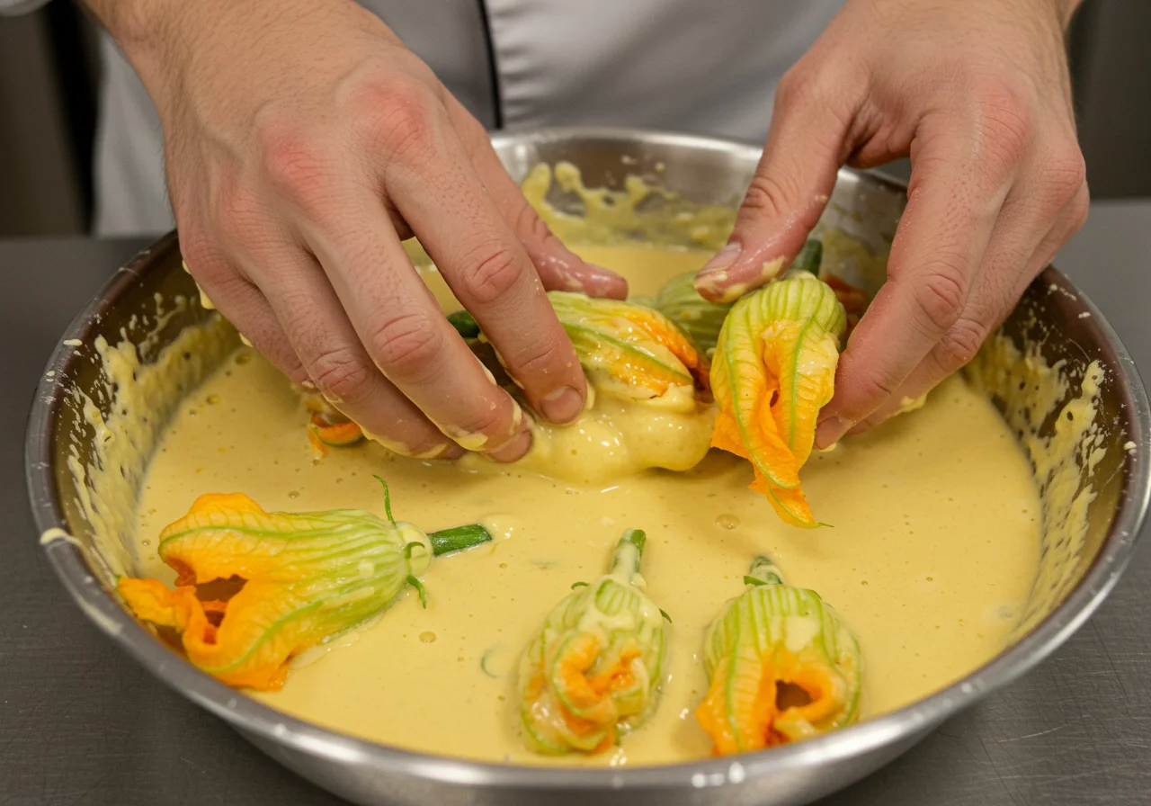 Incorporation des fleurs de courgette dans la pâte à beignets pour un goût délicieux.