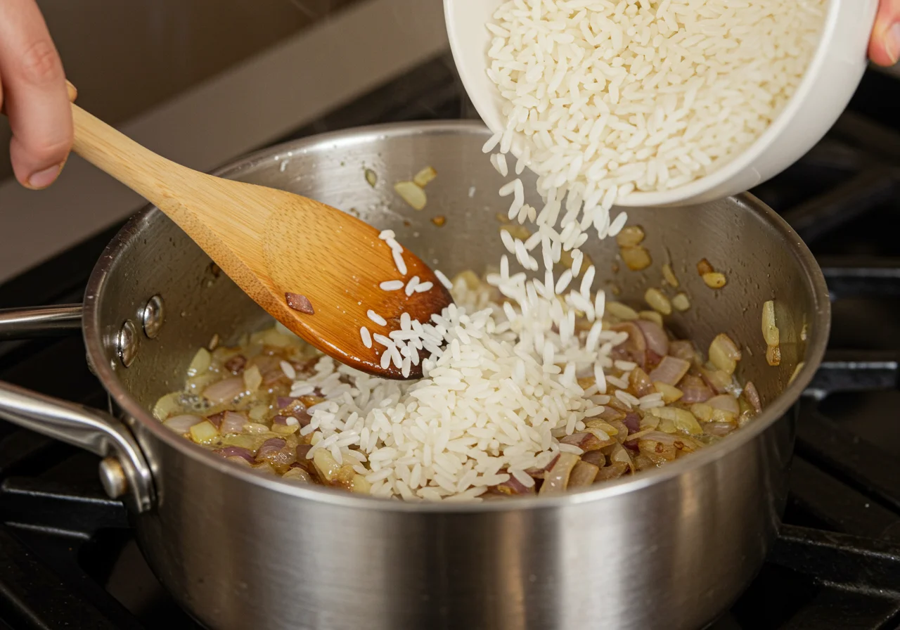 Arborio rice being mixed with sautéed shallots for Risotto aux Asperges.