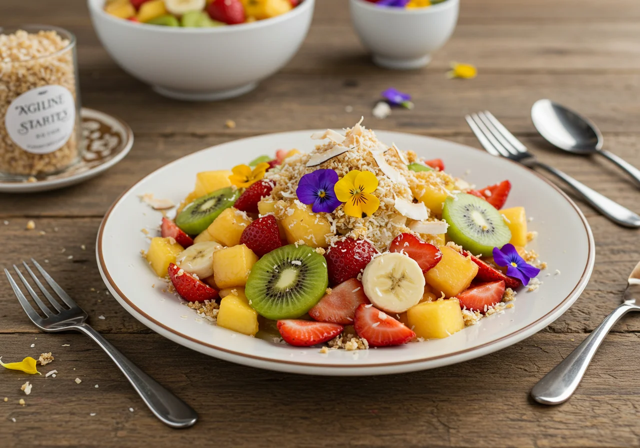 Salade de fruits exotiques joliment présentée dans un plat de service, décorée de fleurs comestibles et de noix de coco râpée, prête à être dégustée.