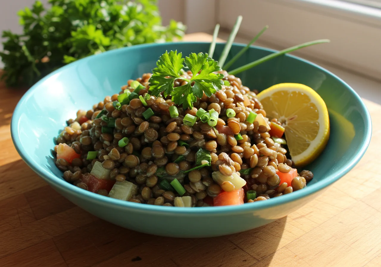Finished Salade de Lentilles Vinaigrée served in a bowl, perfect for a healthy meal.