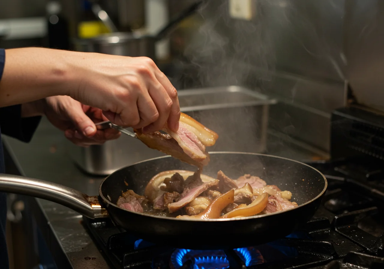 Cuisson de la viande pour la salade de museau avec des tranches de museau de porc dans une poêle, laissant échapper de la vapeur.