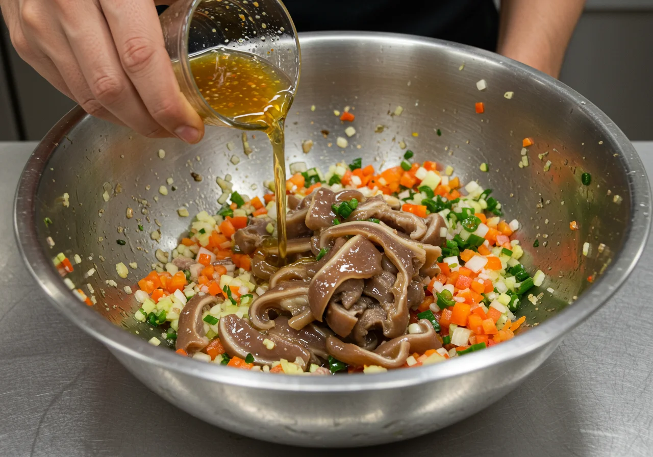 Mélange des légumes hachés et du museau de porc dans un grand bol avec une vinaigrette pour la salade de museau.