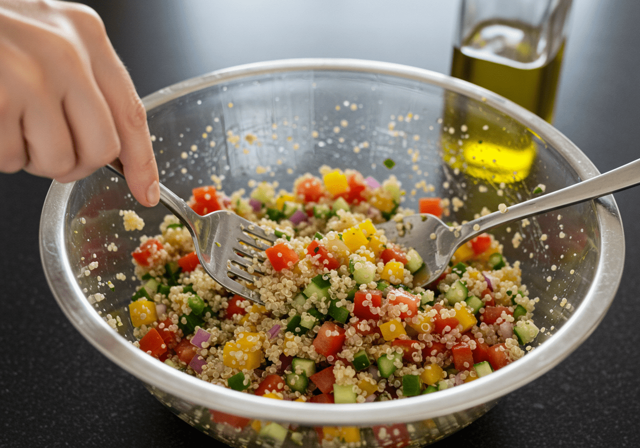 Mélange de la salade de quinoa avec des légumes frais dans un grand bol de cuisine.