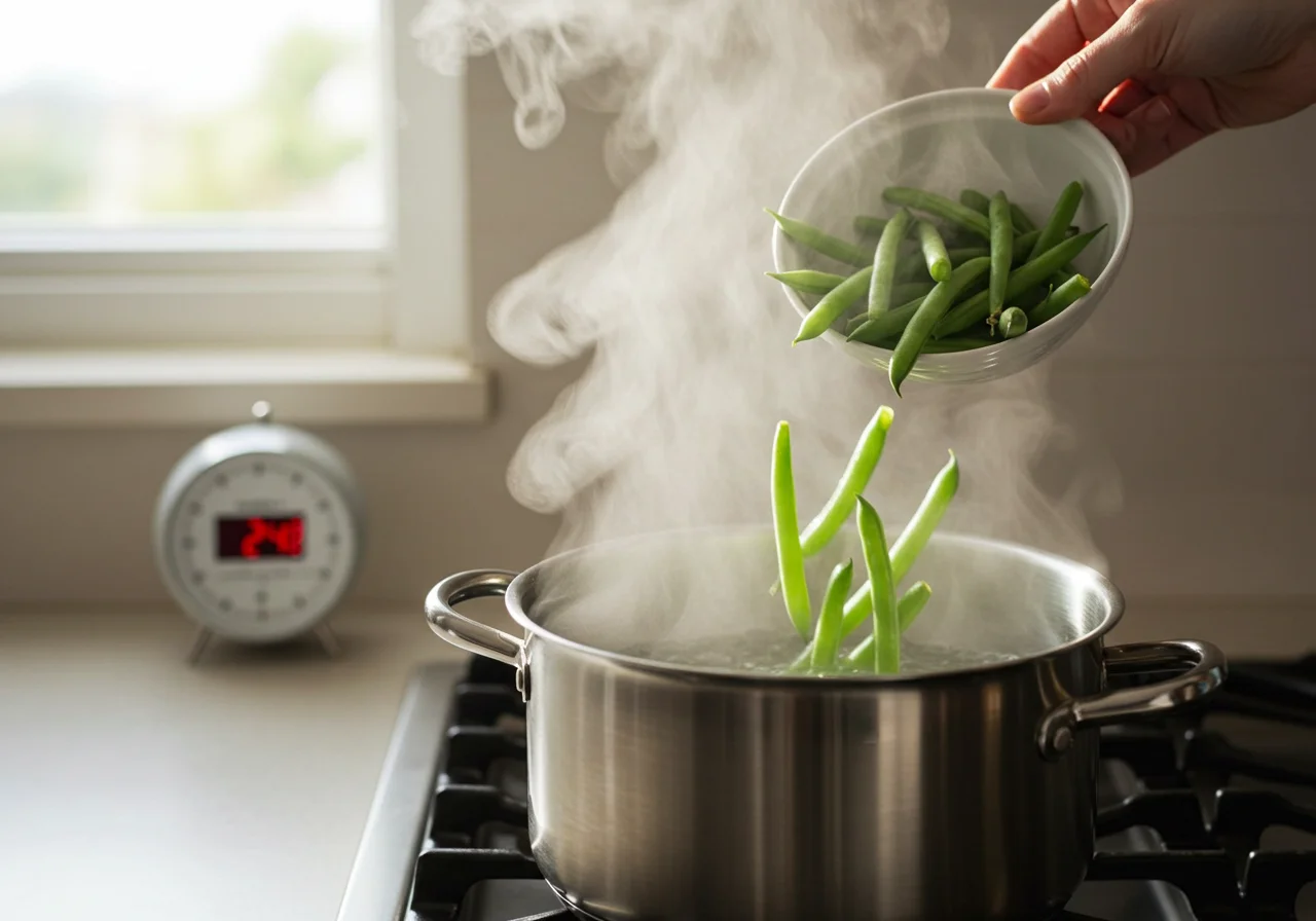 Haricots verts ajoutés à l'eau bouillante pour la Salade Niçoise.