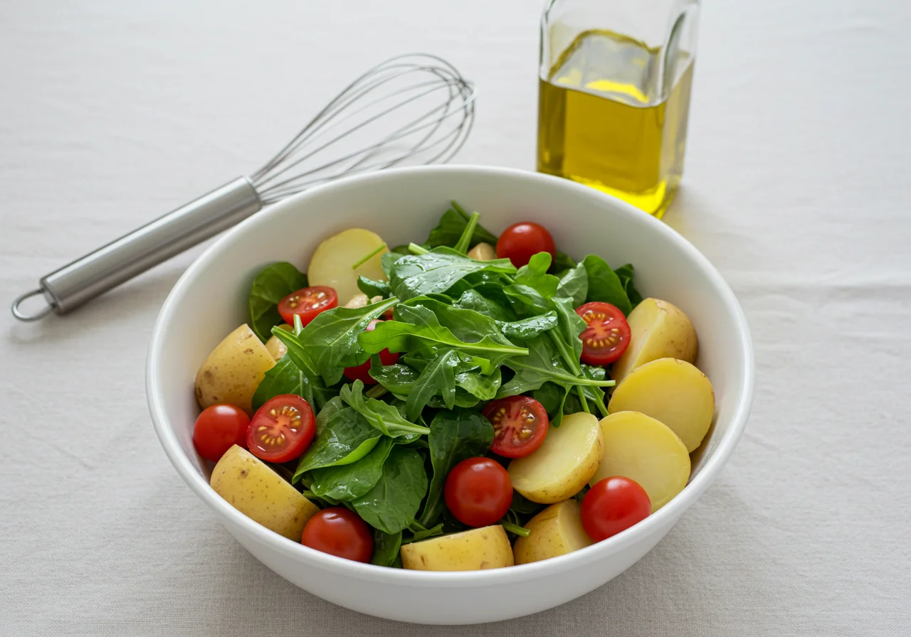 Mélange de laitue, tomates cerises et pommes de terre bouillies pour la Salade Niçoise.