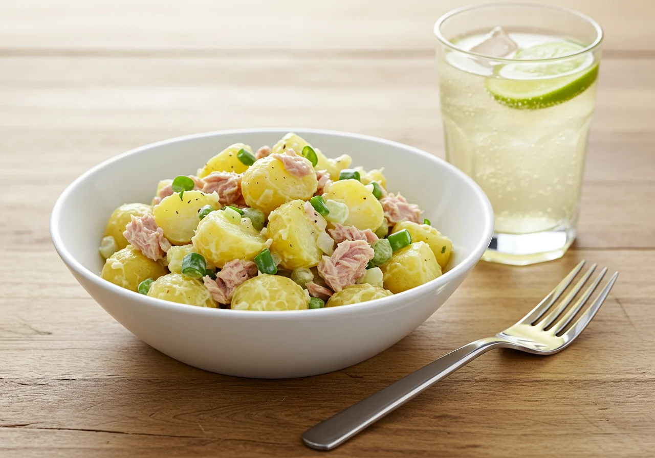 Salade pommes de terre thon délicieuse prête à être servie avec des œufs durs et une boisson rafraîchissante.