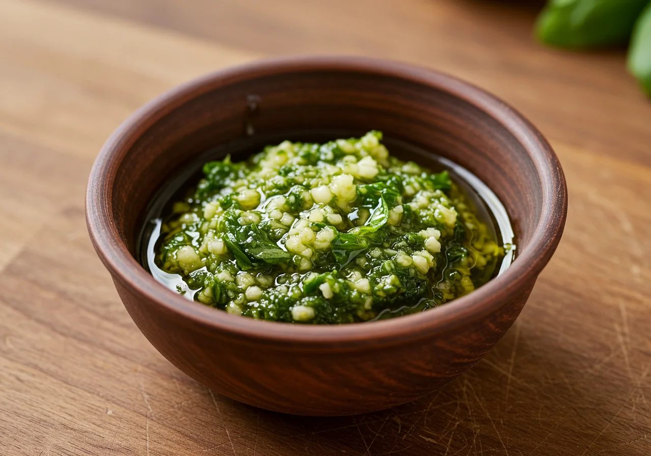 Bowl of pistou prepared for Soupe au Pistou Aromatique seasoning.
