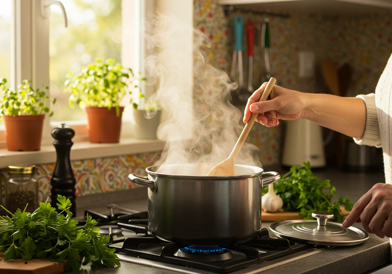 Remuer la soupe au céleri rave crémeuse dans une casserole, préparation de la soupe celeri rave en cours.