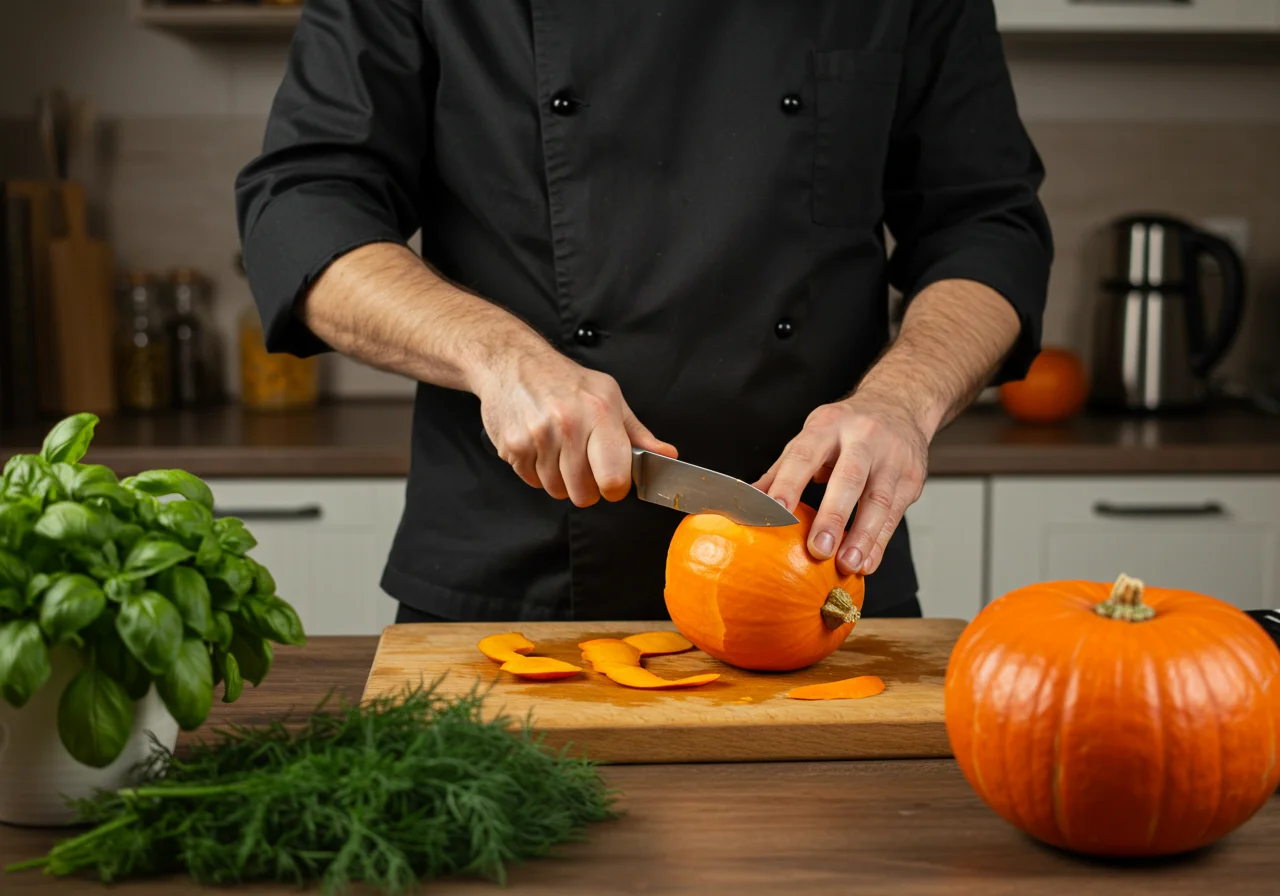 Préparation des ingrédients pour la soupe de potimarron au thermomix avec un chef qui coupe un potiron sur une planche à découper.