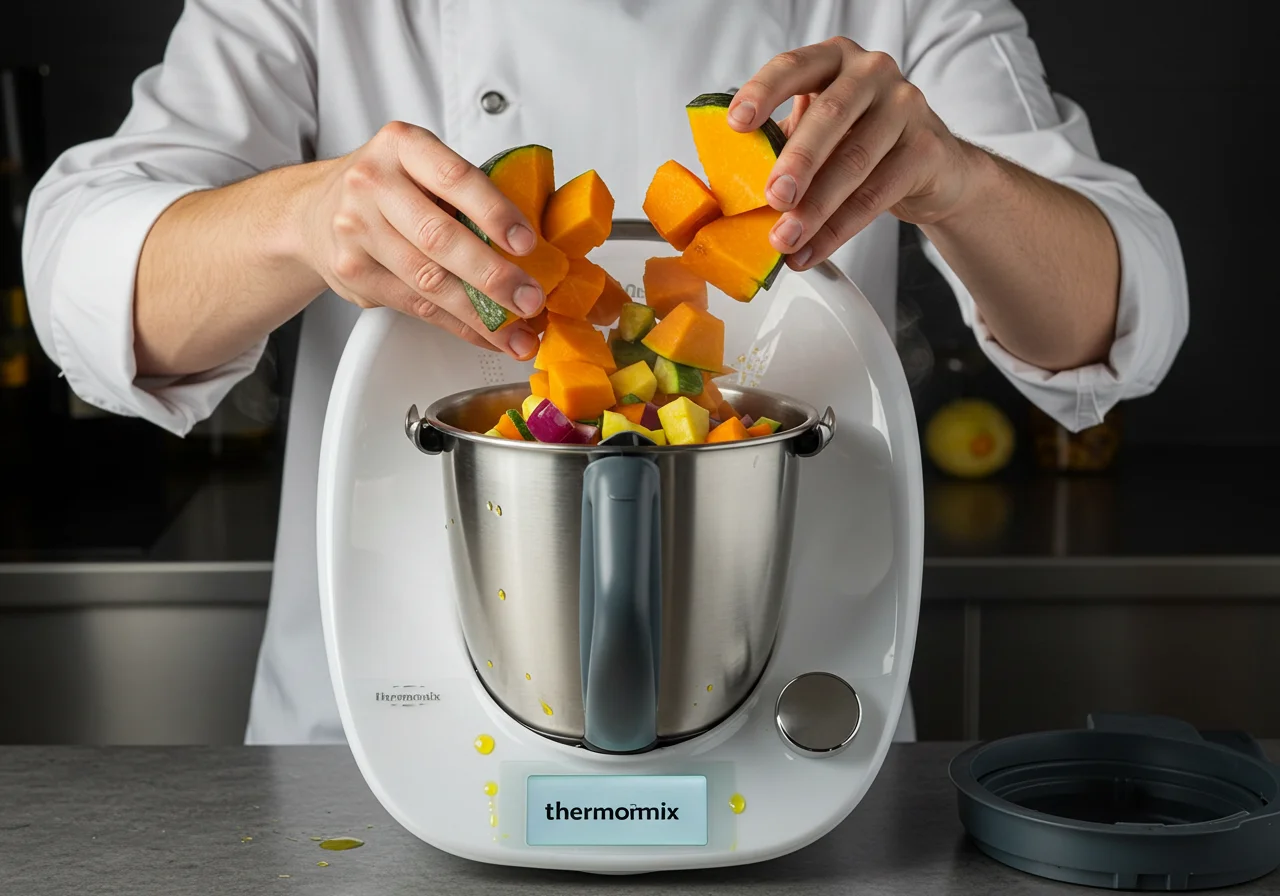 Mise en place des ingrédients dans le Thermomix pour la préparation de la soupe au potiron thermomix, avec des cubes de potiron frais.