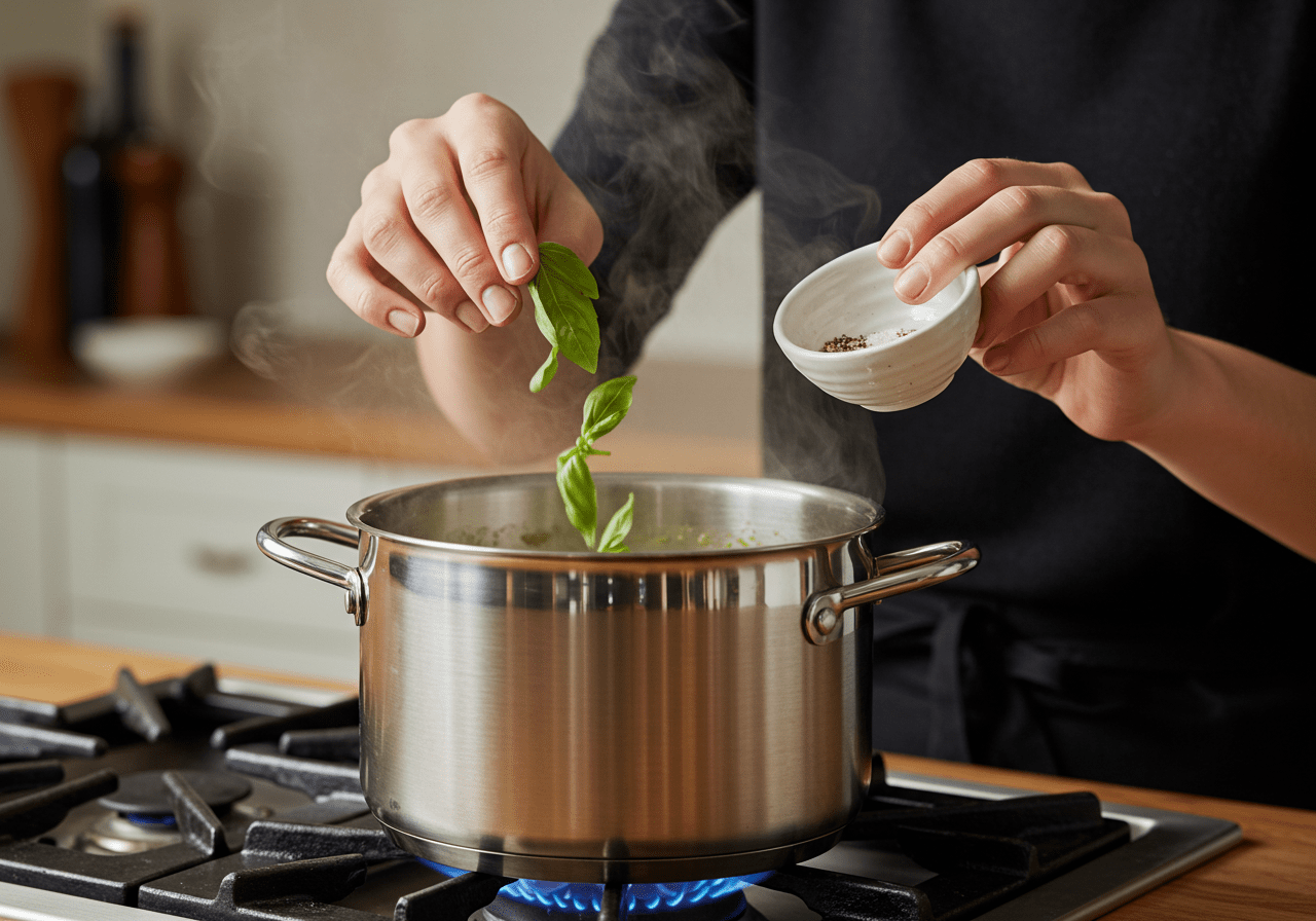 Chauffage de la Soupe Veloutée avec des herbes fraîches et du sel ajoutés pour rehausser les saveurs.
