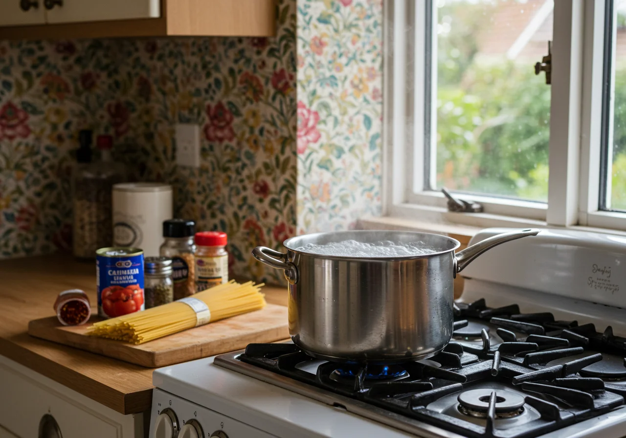 Une casserole d'eau bouillante sur le feu, avec des spaghettis aux fruits de mer surgelés préparés à côté.