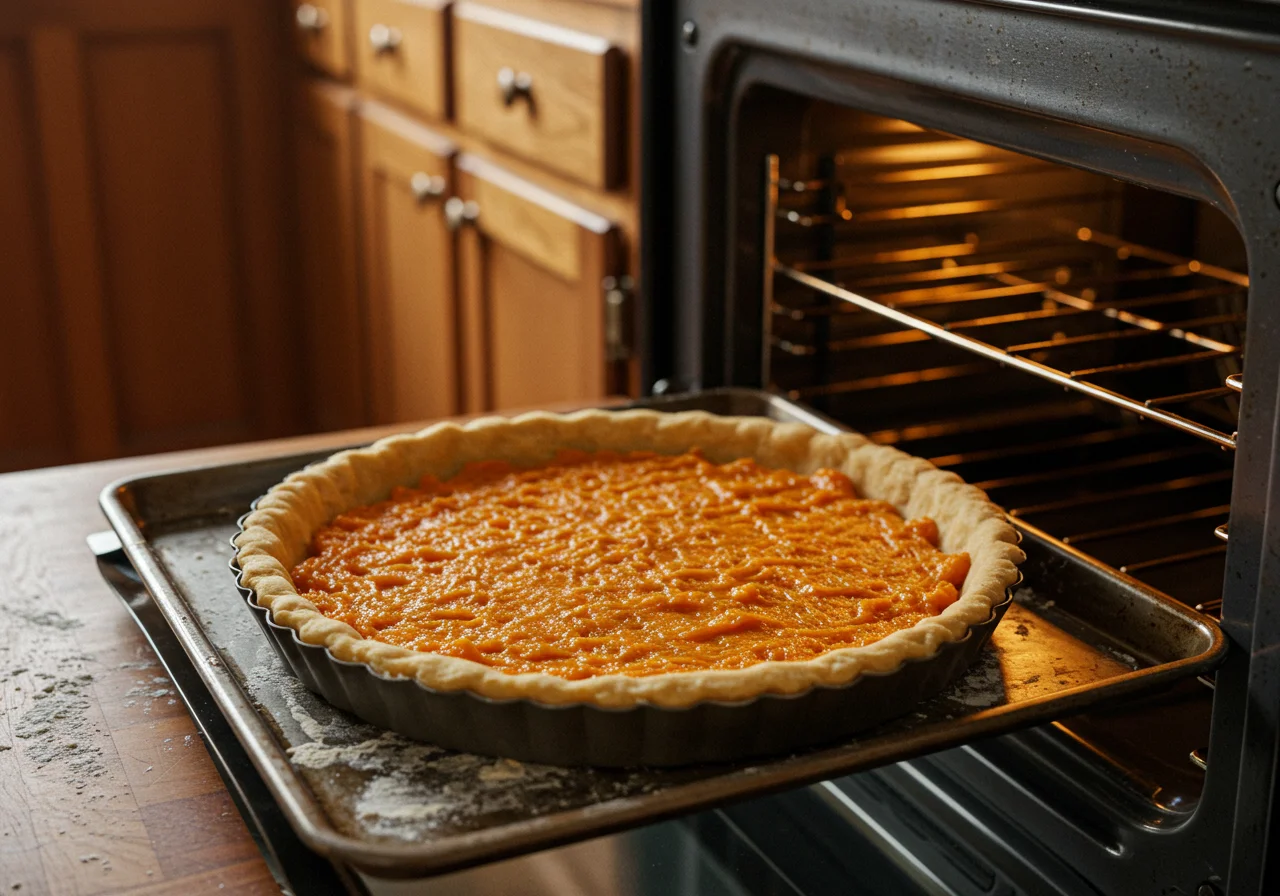 Préparation d'une croûte de tarte sur une plaque de cuisson, en vue de la tarte au patate douce.