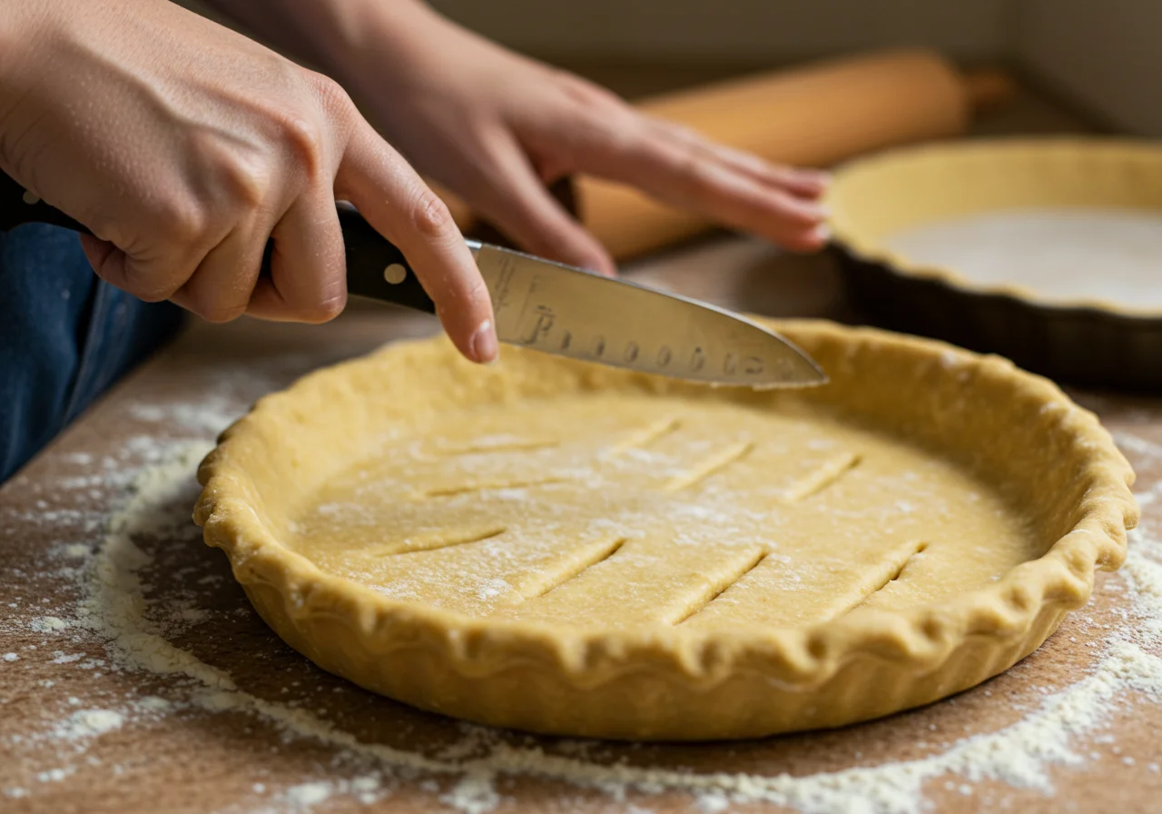 Préparation de la couverture de tarte en roulant une croûte à tarte pour la tarte à la viande hachée avec des ouvertures soigneusement découpées.