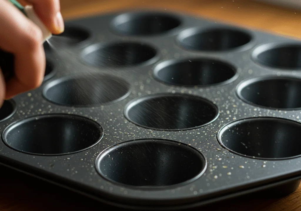 Préparation d'un moule à muffins antiadhésif avec du beurre pour une cuisson réussie.