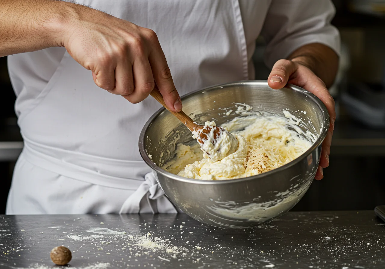 Le chef mélange le fromage ricotta et le Parmesan pour la tarte aux épinards, montrant le processus de création d'une garniture crémeuse.