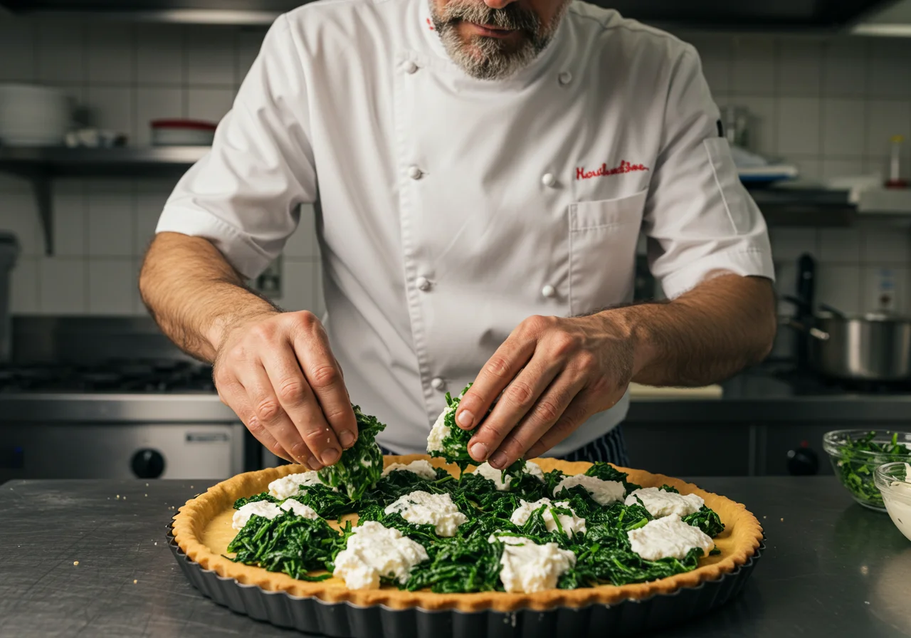 Le chef dispose avec soin les épinards sautés et le mélange de ricotta dans la croûte, finalisant la tarte aux épinards et ricotta crémeuse.