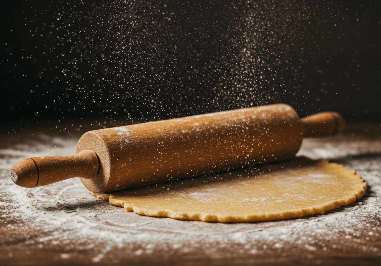 Élaboration de la croûte pour la tarte brocolis chèvre, détail de la pâte étalée sur une surface farinée.