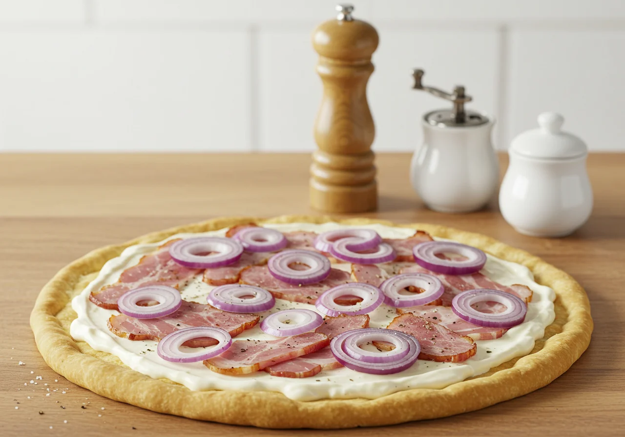 Sliced onions and lardons added to Tarte Flambée before baking for added flavor.