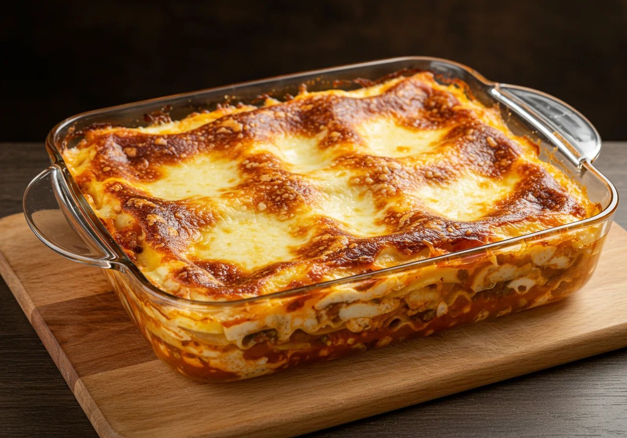 Lasagnes dorées et bouillonnantes sortant du four, le résultat parfait après avoir respecté le temps de cuisson des lasagne.