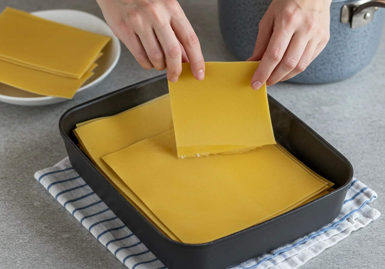 Préparation des feuilles de lasagne en les faisant bouillir dans de l'eau salée, un élément essentiel pour maîtriser le temps de cuisson de lasagne au four.