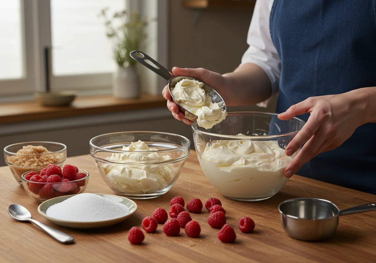Préparation des ingrédients pour Tiramisu Framboise Léger et Fruité avec mascarpone, fraises et crème.
