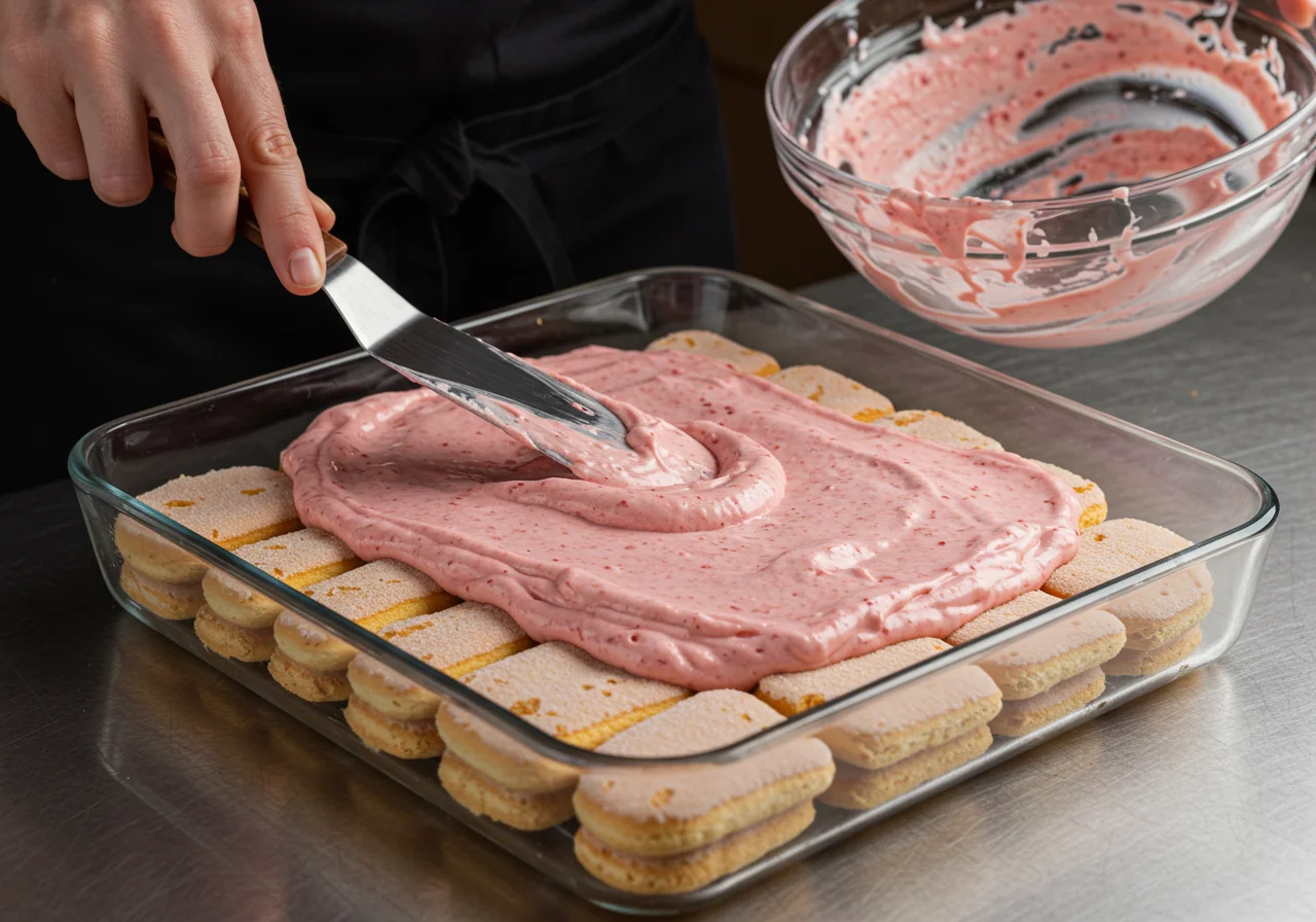 Étale du mélange mascarpone aux framboises sur les biscuits du Tiramisu Framboise Léger et Fruité.