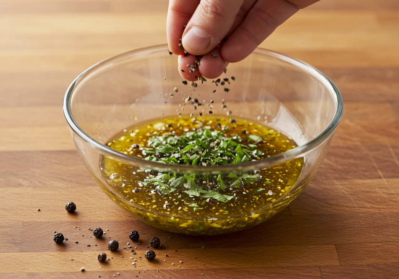 Assaisonnement de la vinaigrette acidulée au citron avec du poivre noir fraîchement moulu et des herbes fraîches.