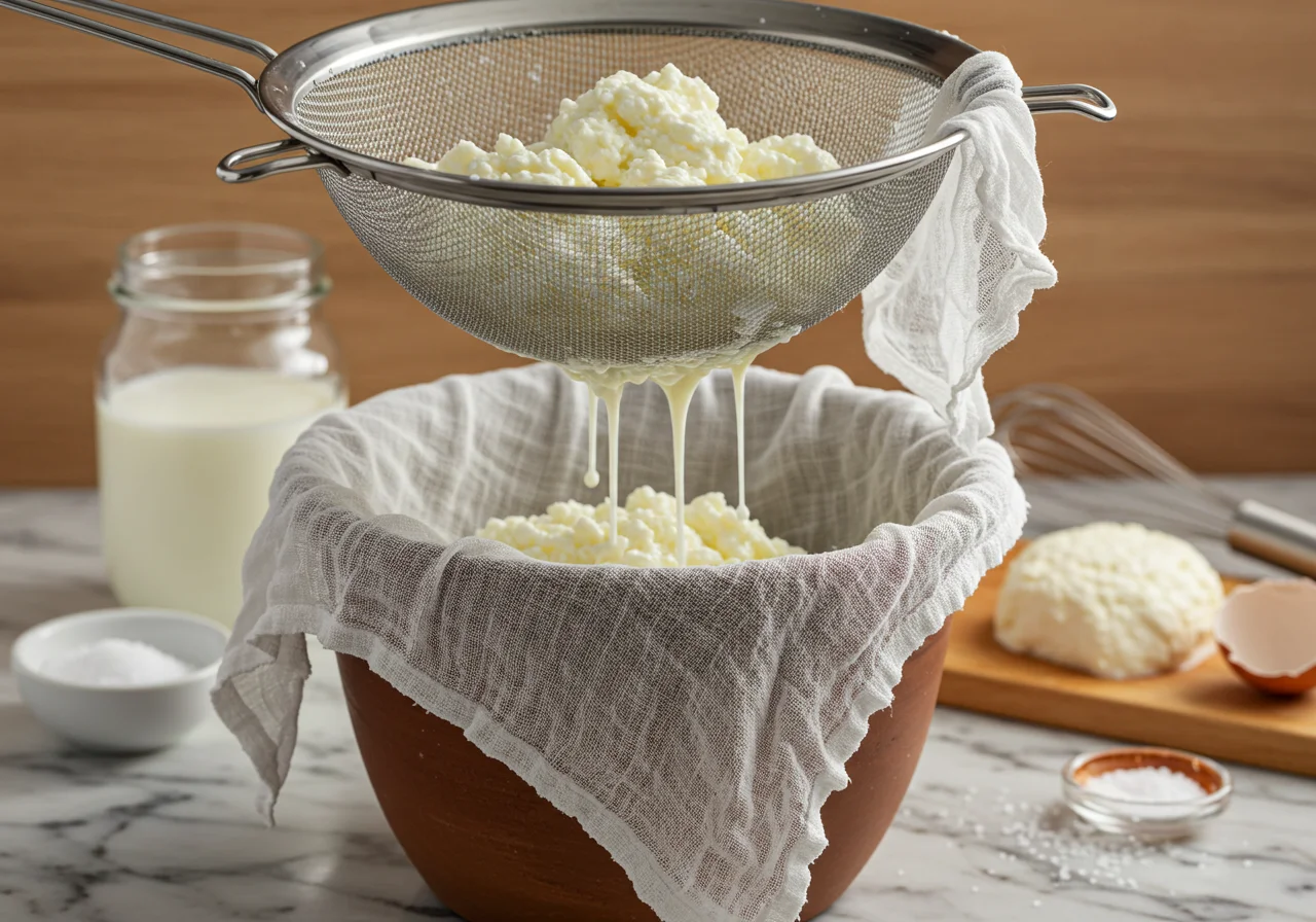 Un chinois rempli de caillé de lait, une étape importante pour la préparation de yaourt ou de fromage blanc.