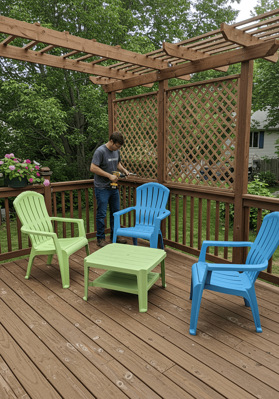 Individuelle fixant des écrans de confidentialité en treillis sur une terrasse avec mobilier de jardin
