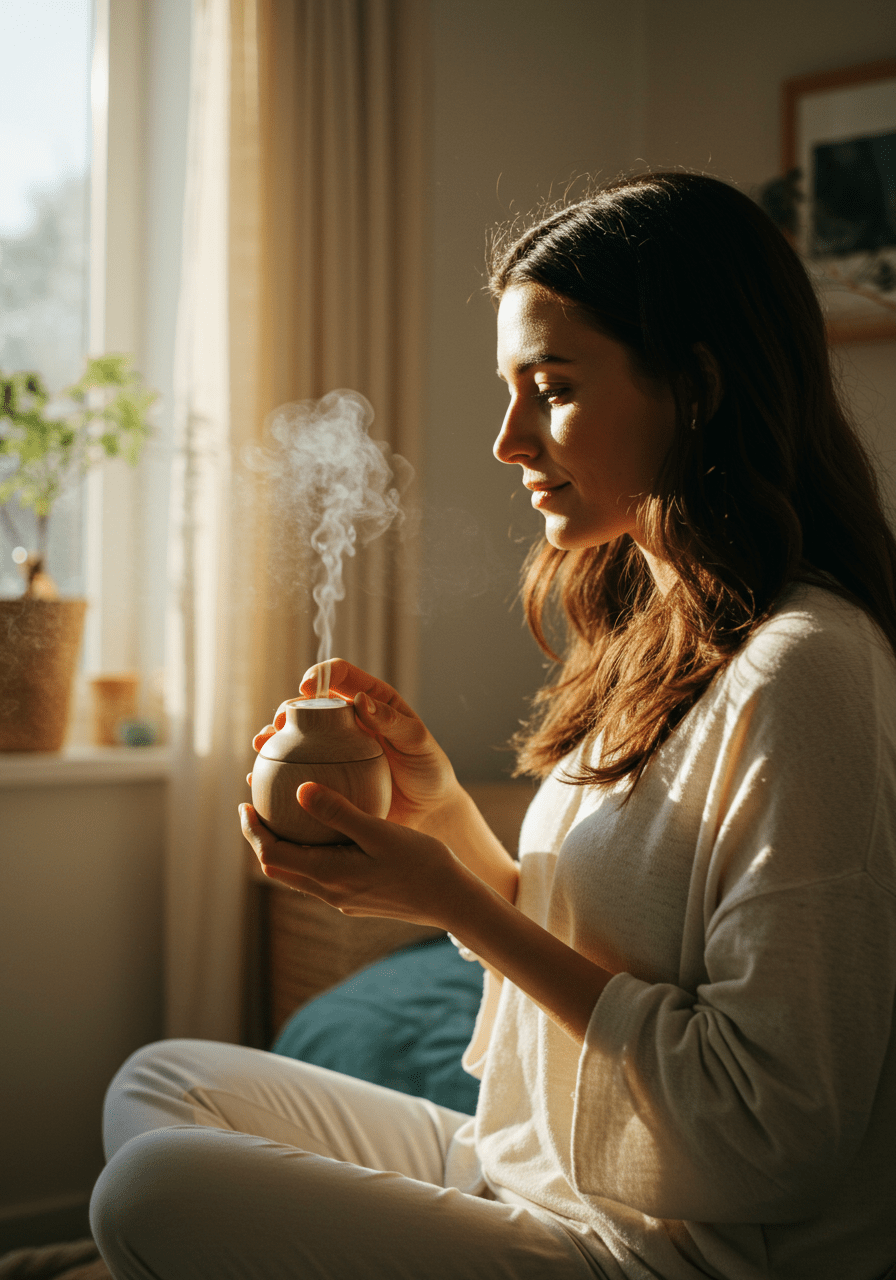 Woman using lavender essential oil for immunity in a relaxing environment