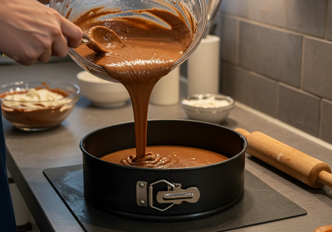 Verser la pâte à gâteau au chocolat dans un moule rond, en attendant la cuisson pour un dessert au chocolat irrésistible.