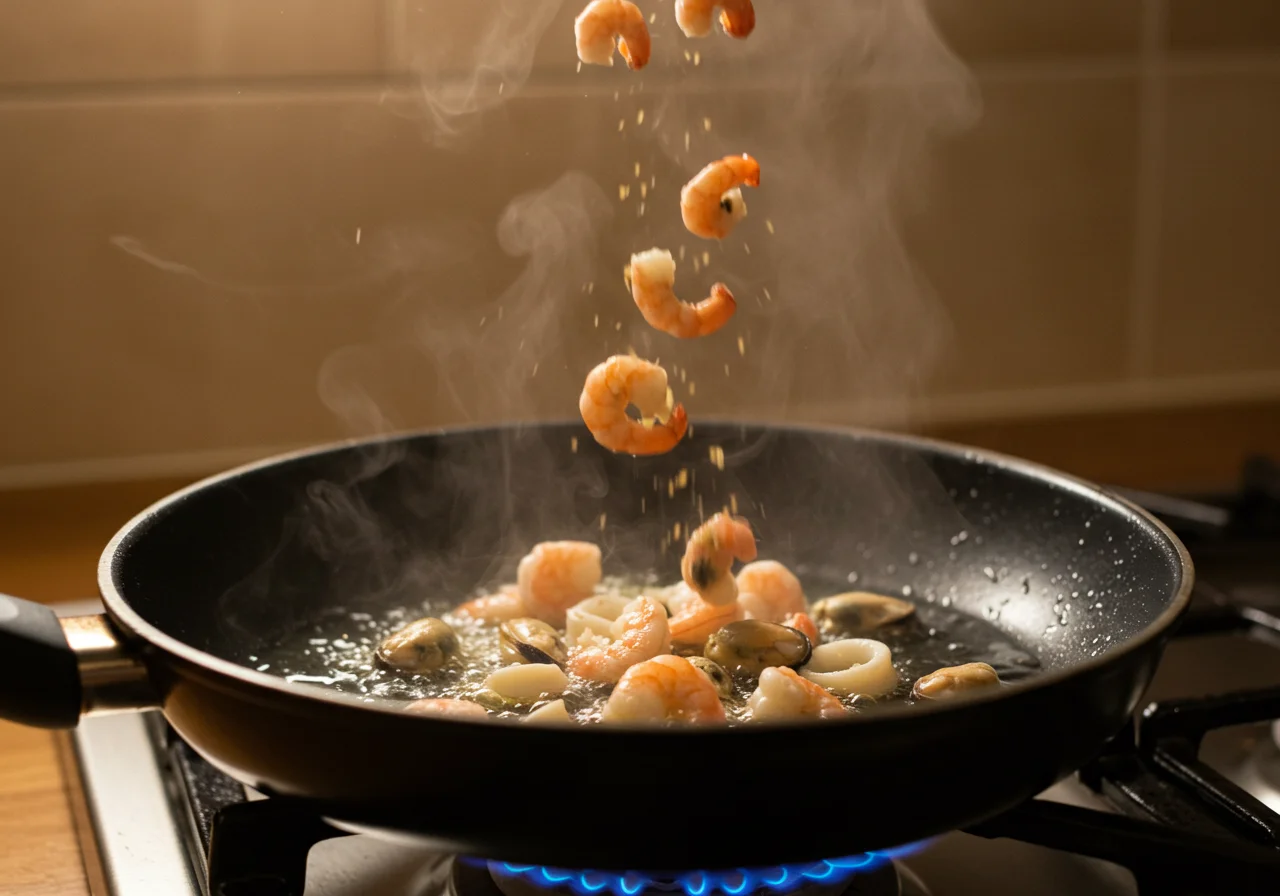 Une poêle sur le feu avec des fruits de mer surgelés ajoutés, préparant le mélange pour les spaghettis aux fruits de mer.