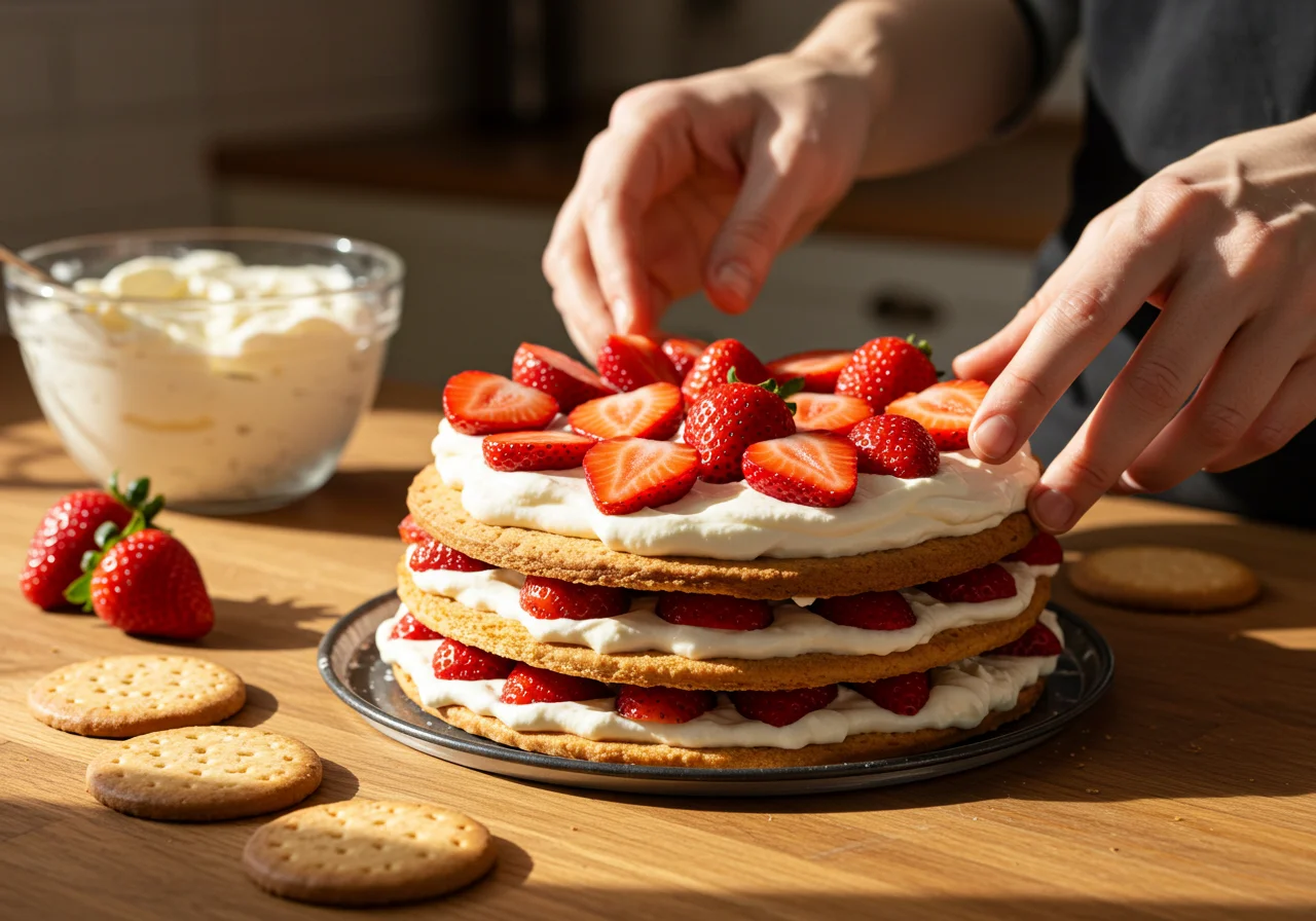 Assemblage d'un gâteau au mascarpone et fraises dans une cuisine chaleureuse, alternant entre les couches de biscuits et de crème de mascarpone.