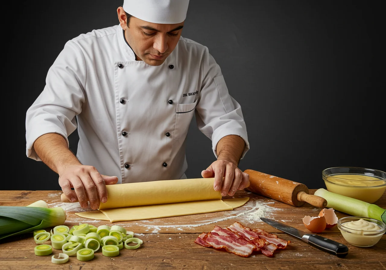 Un chef roule une pâte feuilletée pour une tarte aux poireaux et lardons, créant un fond parfait pour le plat.