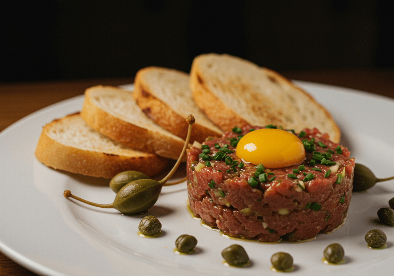 Elegant presentation of Steak Tartare with a quail egg on top, ideal for gourmet dining.