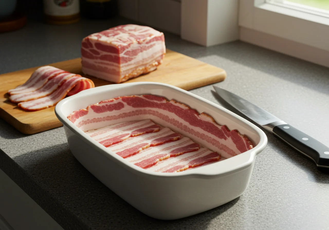 Lining the terrine mold with bacon for a delicious Terrine de Campagne Rustique preparation.
