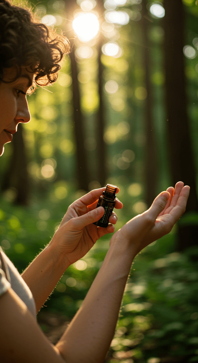 Personne appliquant délicatement un mélange d'huiles essentielles relaxantes sur le poignet dans un environnement naturel
